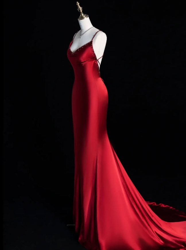 Elegant Mermaid Spaghetti Strap Beaded Red Satin Prom Dress Graduation Prom Dress DP2000