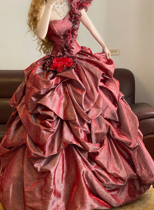 Red Ball Gown One Shoulder Pleated Satin 16th Birthday Dress Party Dress Quinceanera Dress DP4092