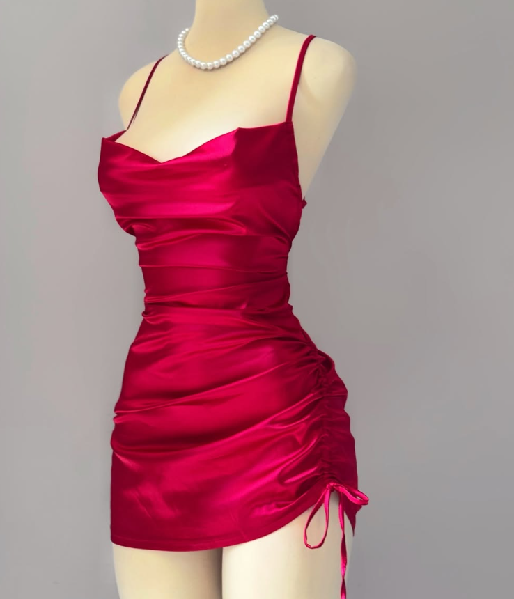 Mini Dress Sexy Sheath Spaghetti Strap Red Satin Prom Dress Cocktail Dress DP2776