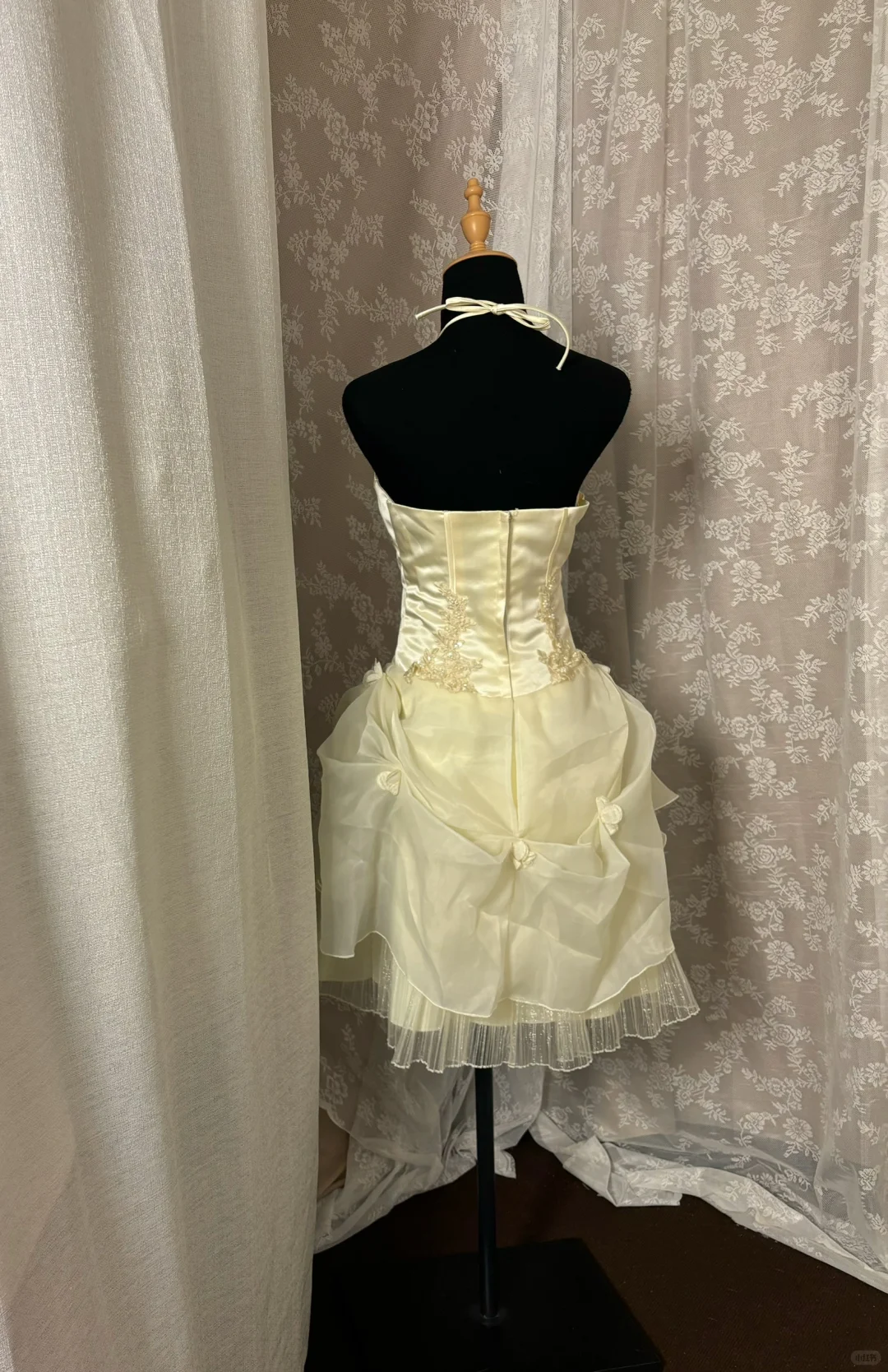 Champagne Retro A Line Halter Applique Organza Satin Homecoming Dress Cocktail Dress DP3176
