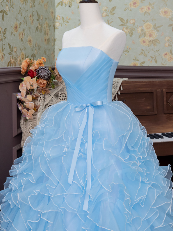 Blue Ball Gown Strapless Ruffle Layered Organza Prom Dress 16th Birthday Dress DP3564