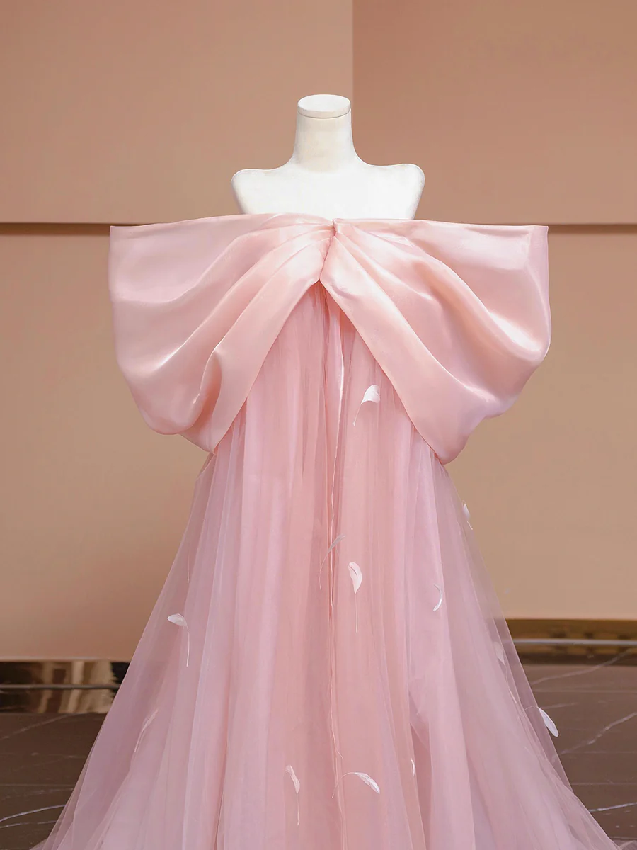 Pink Bow Floor Length Prom Dress, Lovely A-Line Princess Off the Shoulder Formal Dress DP2021