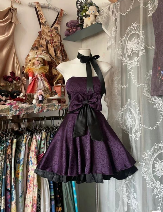 Vintage A Line Strapless Purple Satin Mini Homecoming Dress With Bow DP2602