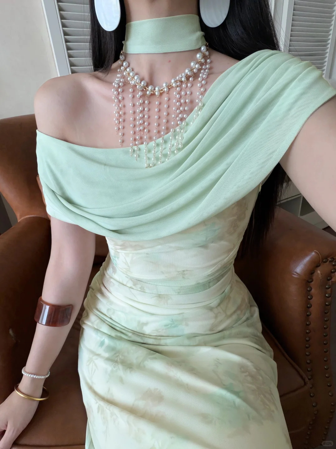 Gentle Light Green Mermaid Print Floral Chiffon Long Prom Dress Evening Dress DP5648
