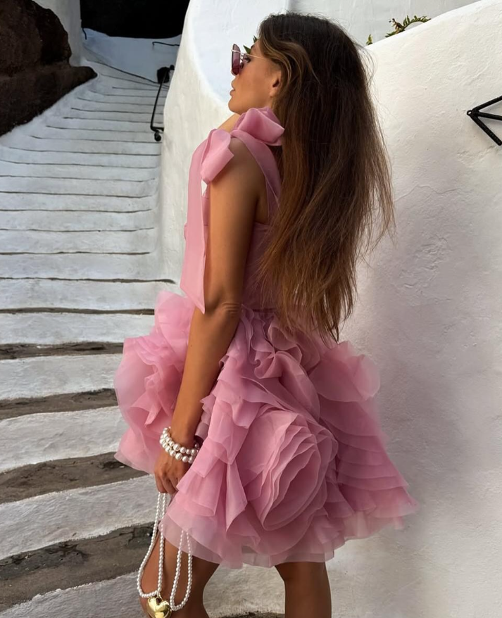 Cute A Line Spaghetti Strap Pink Layered Organza Short Homecoming Dress Birthday Dress DP2632