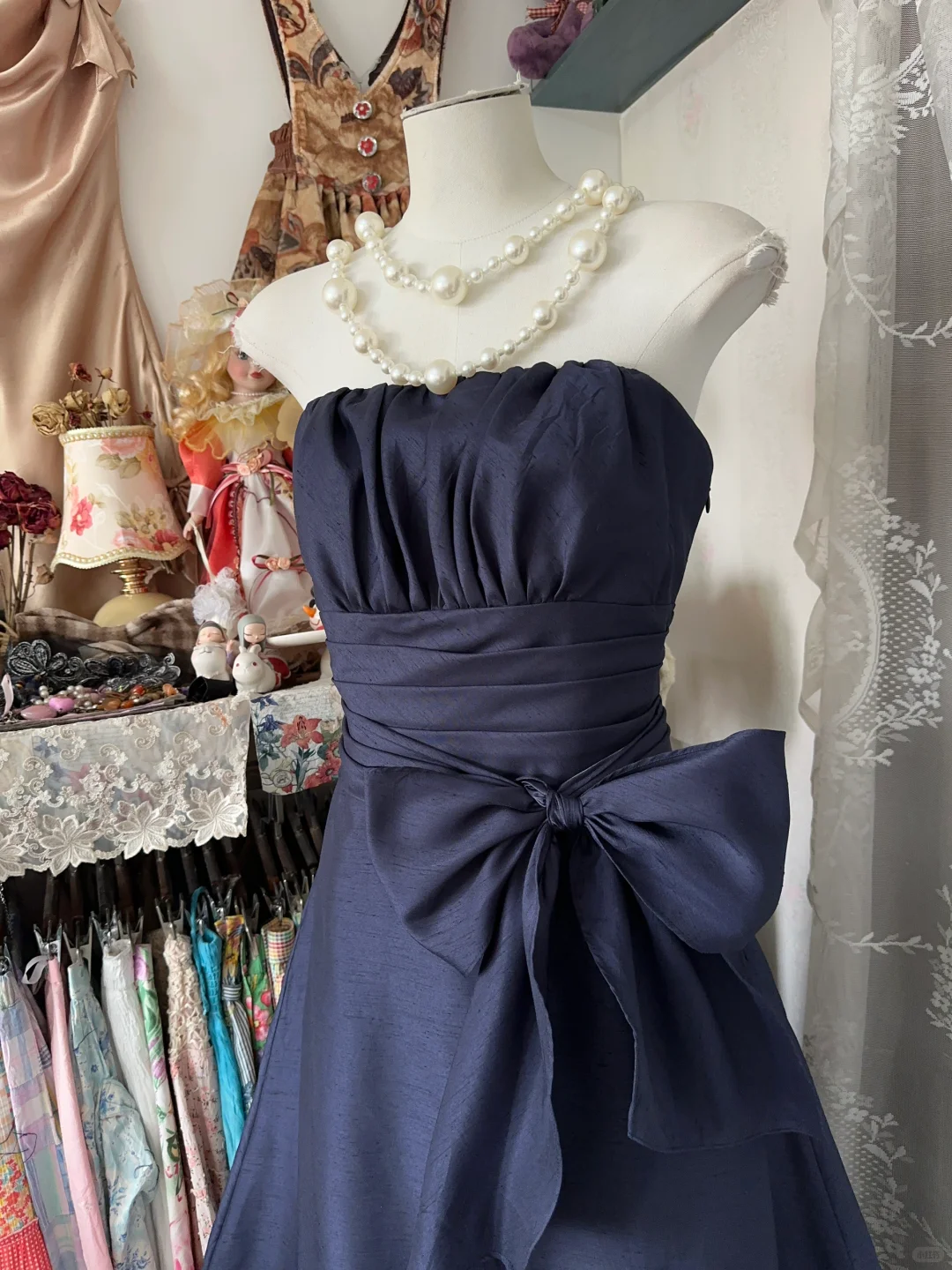 Vintage A Line Strapless Bow Navy Blue Satin Long Prom Dress DP4851