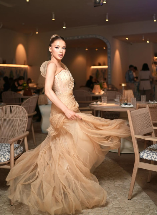 Gorgeous A Line One Shoulder Champagne Tulle Prom Dress Graduation Prom Dress DP2123