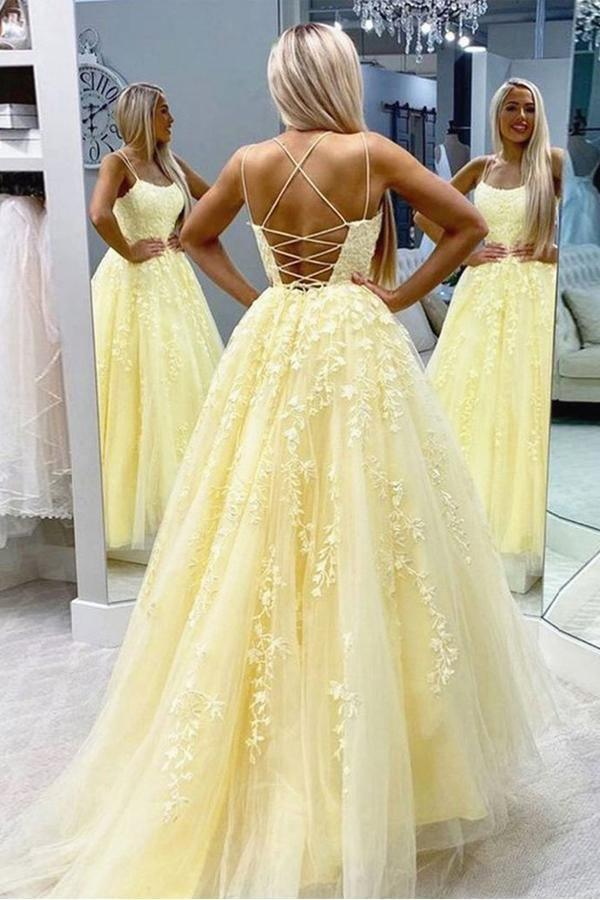 A-line Round Neck Tulle Lace Yellow Prom Dress Formal Dress DP2126