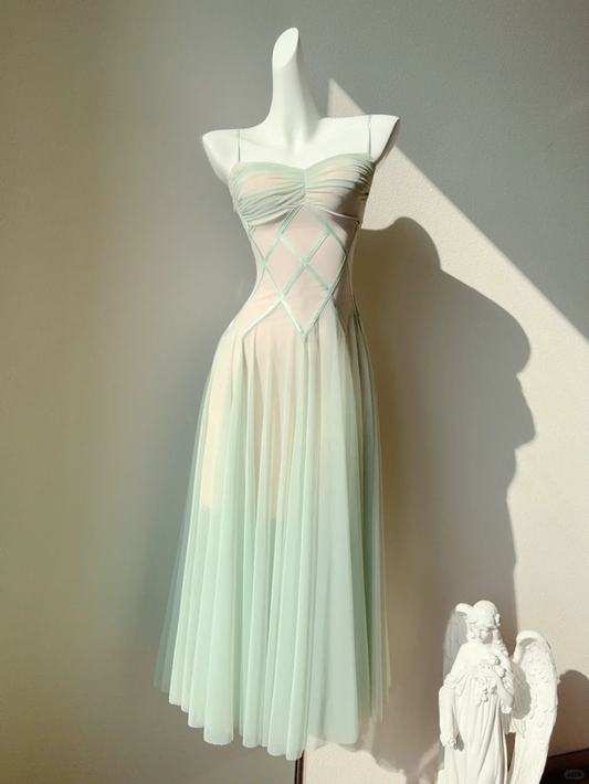 Gentle A Line Spaghetti Strap Green Chiffon Party Dress Cocktail Dress DP2647
