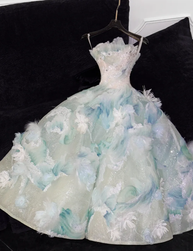 Romantic A Line Strapless Blue Appliques Tulle Prom Dress Evening Dress DP2779