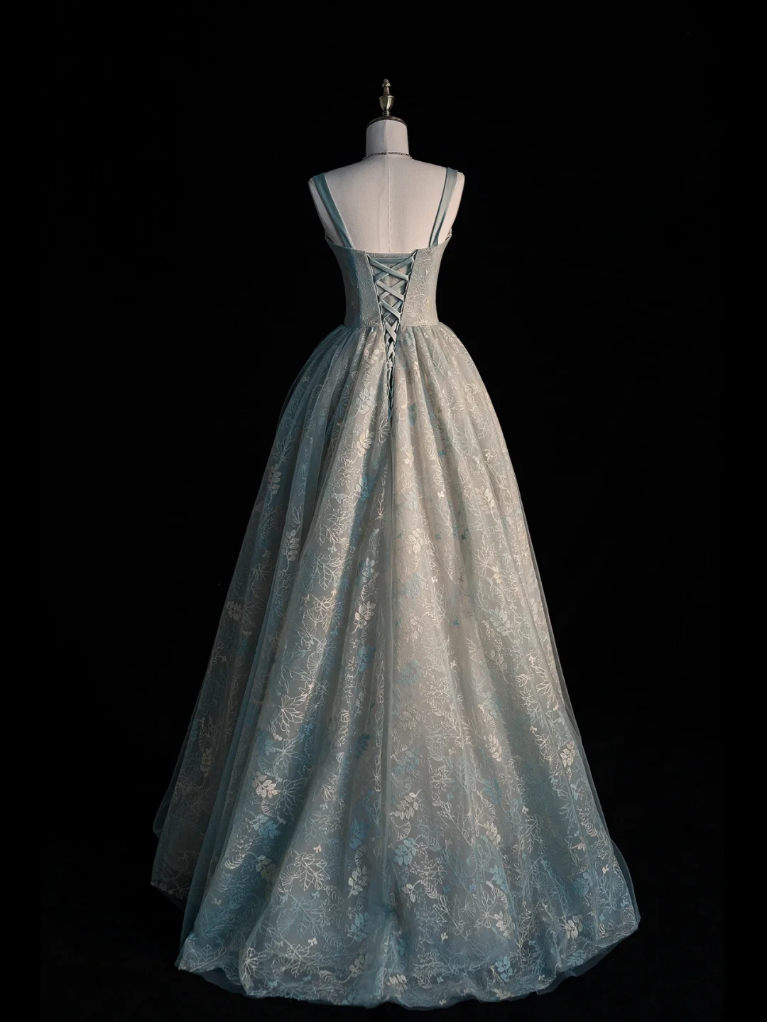 Elegant A Line Strap Flower Blue Satin Tulle Prom Dress Evening Dress DP2179