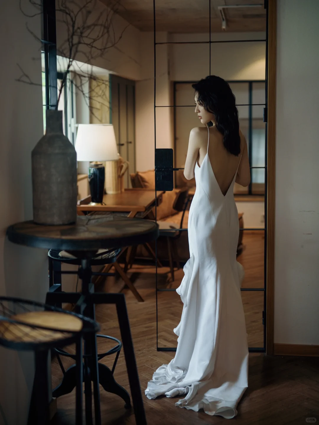 Simple A Line Round Neck Ruffle White Satin Open Back Party Dress Evening Dress DP2551