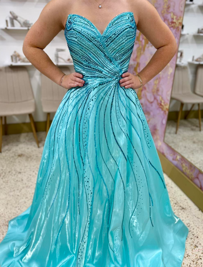 Stunning Blue A Line Sweetheart Neck Beaded Satin Prom Dress Party Evening Dress DP6304