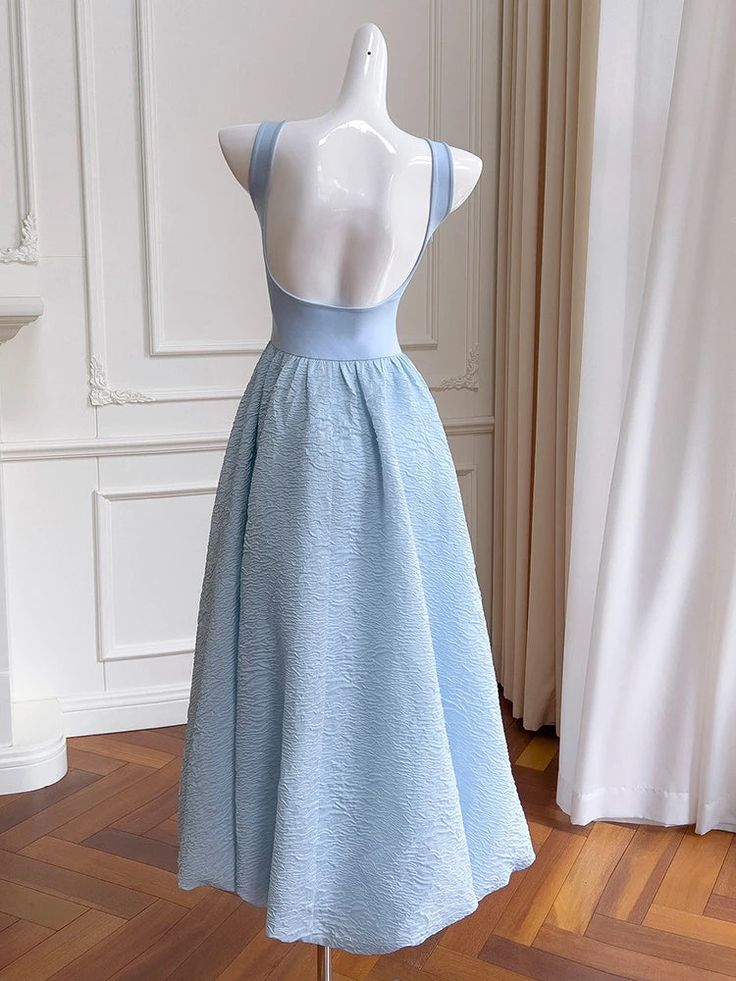 Backless Square Collar Light Blue Elegant Prom Dress DP244