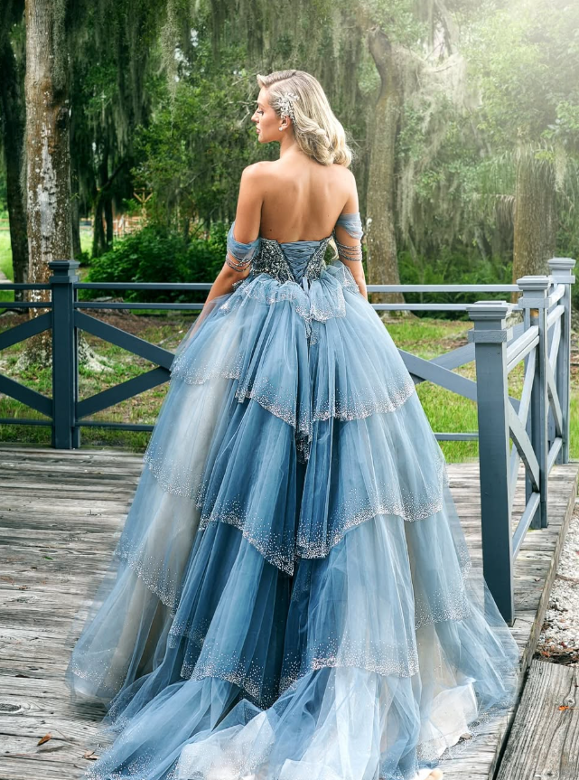 Grey Blue Ball Gown Off the Shoulder Beaded Layered Tulle Prom Dress 16th Birthday Dress DP3471