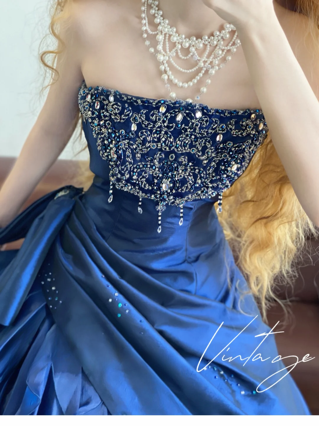 Vintage Ball Gown Strapless Beaded Layered Navy Blue Satin Prom Dress 16th Birthday Dress DP4141