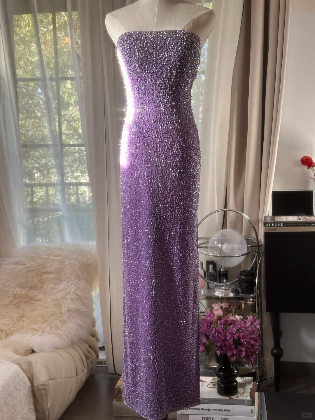 Shiny Sheath Strapless Beaded Purple Chiffon Long Party Dress Evening Dress DP2473