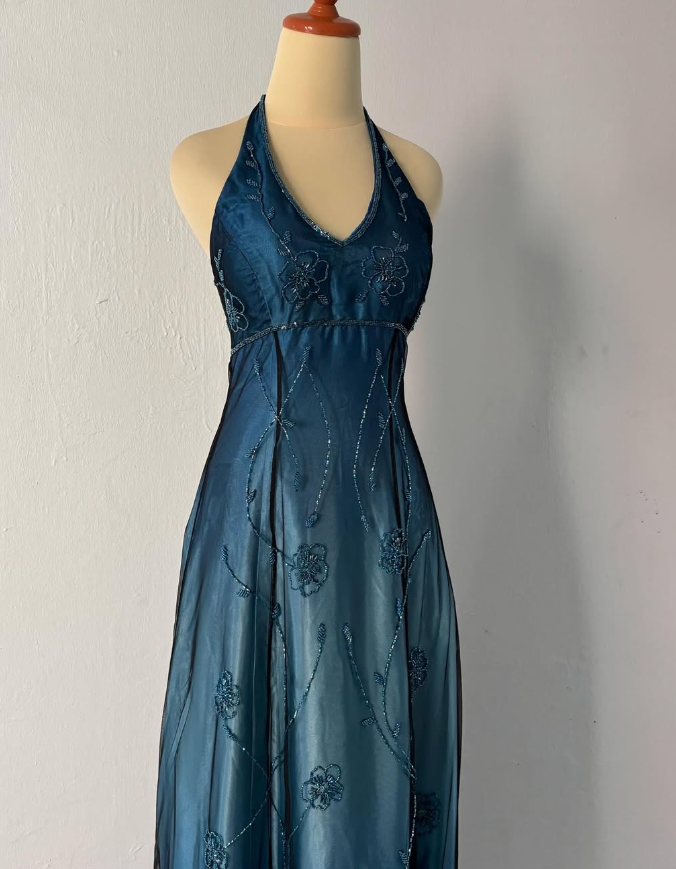 Vintage A Line Halter Beaded Blue Ombre Satin Chiffon Open Back Long Prom Dress Graduation Prom Dress DP2249