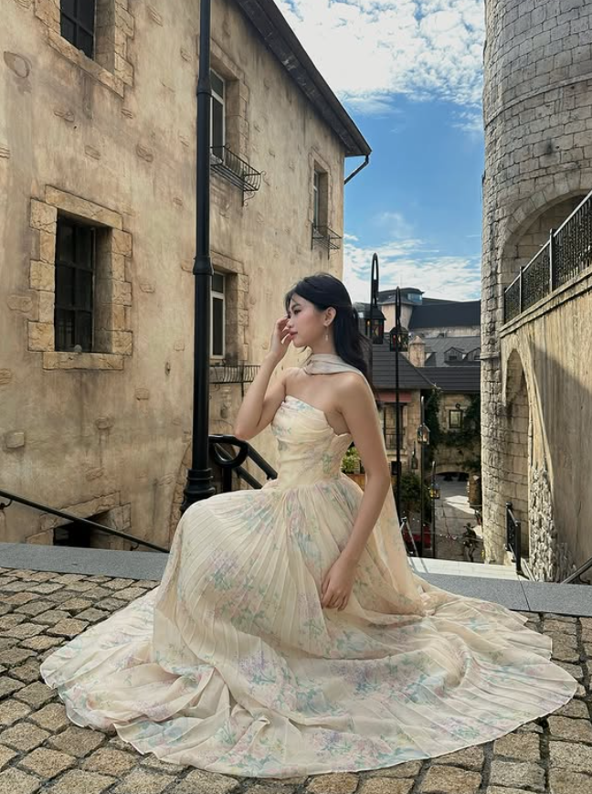 Gentle A Line Strapless Print Floral Chiffon Prom Dress 16th Birthday Dress DP3974