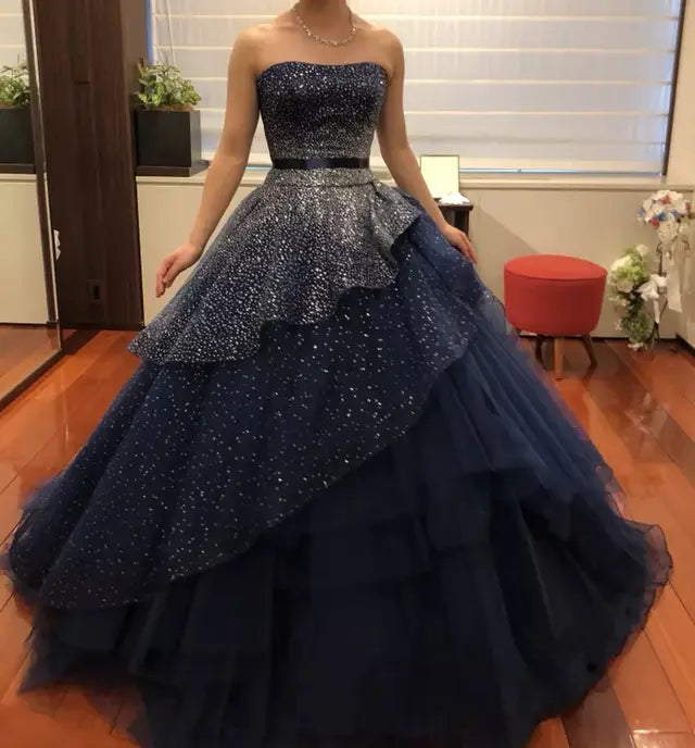 Stunning Ball Gown Strapless Sequin Layered Navy Blue Tulle Prom Dress 16th Birthday Dress DP3501
