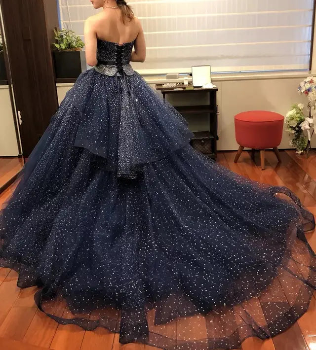 Stunning Ball Gown Strapless Sequin Layered Navy Blue Tulle Prom Dress 16th Birthday Dress DP3501