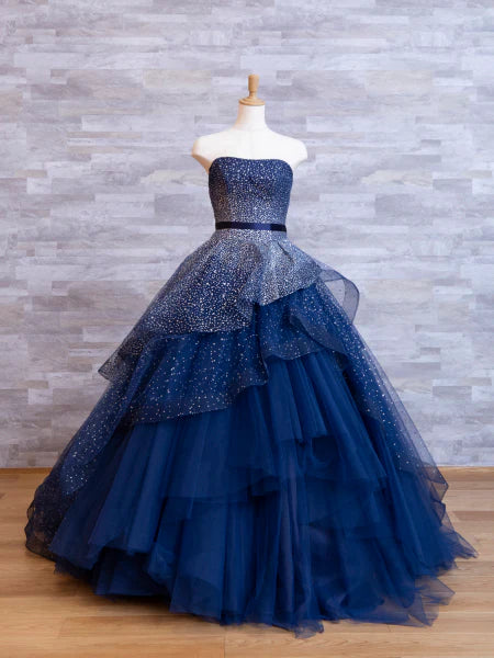 Stunning Ball Gown Strapless Sequin Layered Navy Blue Tulle Prom Dress 16th Birthday Dress DP3501