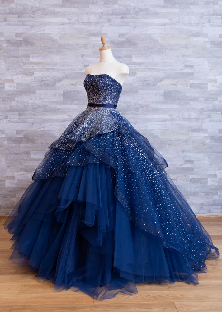 Stunning Ball Gown Strapless Sequin Layered Navy Blue Tulle Prom Dress 16th Birthday Dress DP3501
