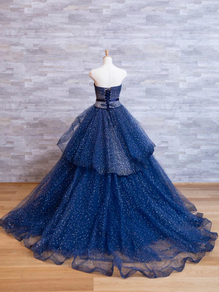 Stunning Ball Gown Strapless Sequin Layered Navy Blue Tulle Prom Dress 16th Birthday Dress DP3501