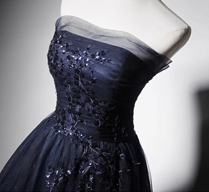Strapless Navy Blue Tulle Lace Appliques Prom Dress Evening Dress DP381