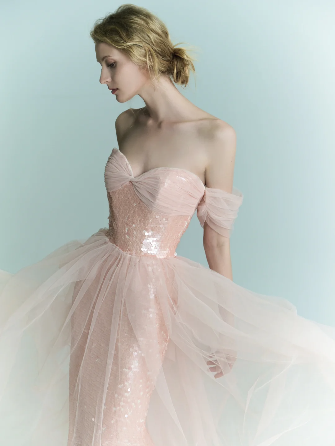 Shiny Pink Mermaid Off the Shoulder Tulle Sequin Party Dress Prom Dress Formal Gown DP3725