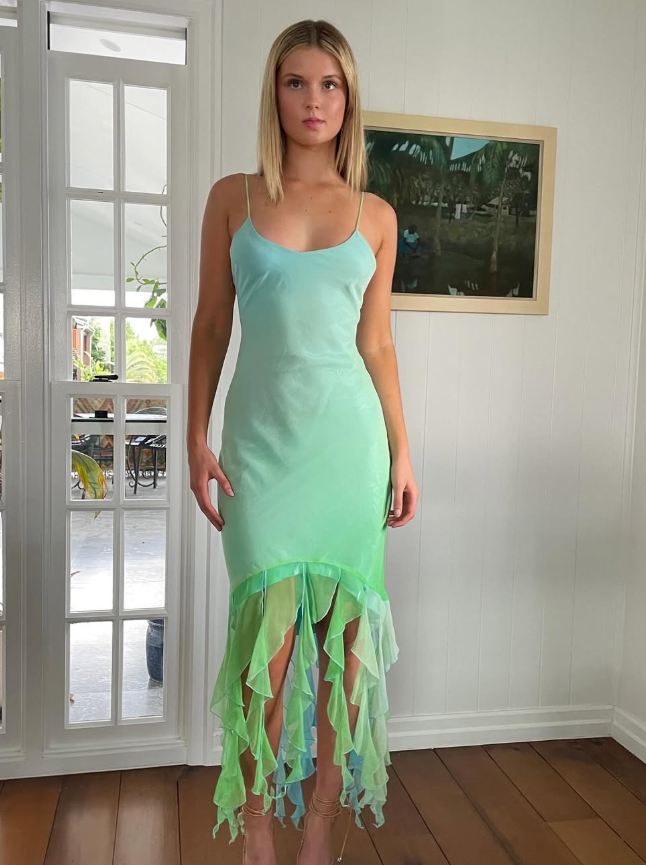 Cute Sheath Spaghetti Strap Ombre Green Blue Ruffle Chiffon Prom Dress Graduation Prom Dress DP2153