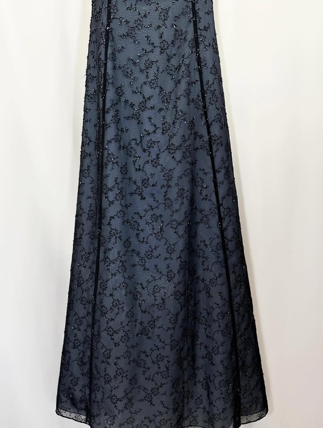 Vintage Exquisite Black Beaded A Line Spaghetti Strap Satin Prom Dress Evening Dress Date Dress DP3038