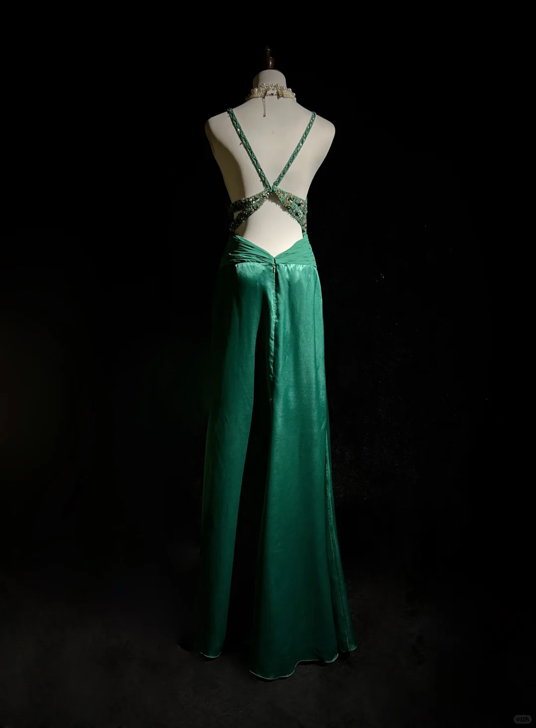 Vintage V Neck Beaded Hunter Green Satin Chiffon Long Prom Dress Party Dress DP2768
