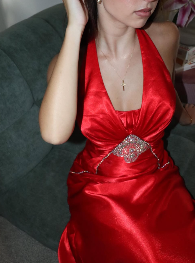 Sexy A Line Halter Rhinestone Sequin Red Satin Prom Dress Evening Dress DP1888