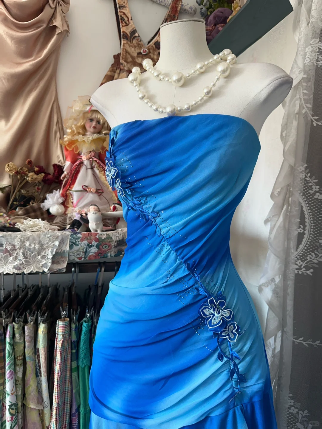 Blue Ombre Vintage Mermaid Strapless Applique Chiffon Tea Length Prom Dress Outfits DP5006