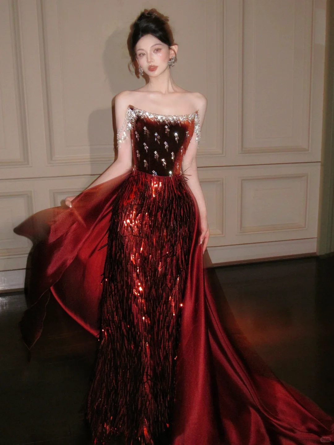 Burgundy A Line Strapless Exquisite Beaded Sequin Tulle Velvet Long Prom Dress Formal Dress DP3333