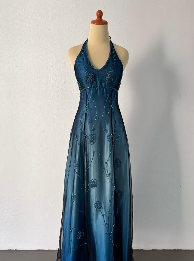Vintage A Line Halter Beaded Blue Ombre Satin Chiffon Open Back Long Prom Dress Graduation Prom Dress DP2249