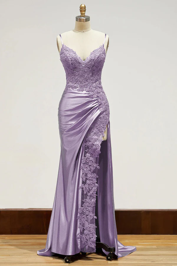 Elegant Spaghetti Straps Prom Dress Black Satin Sheath Appliques Long Formal Evening with Slits DP2125