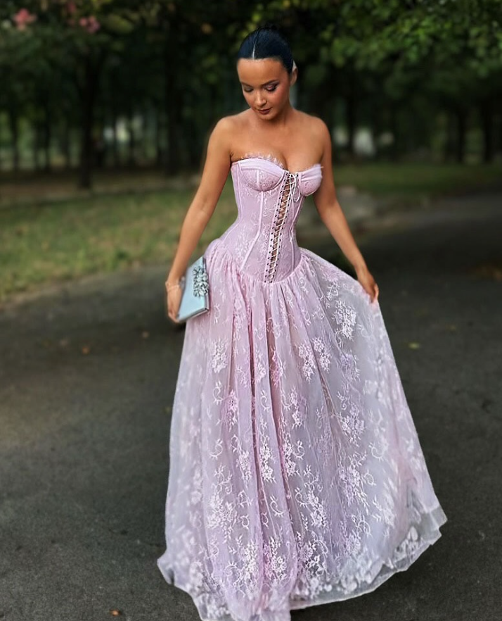 Gentle A Line Sweetheart Neck Pink Lace Long Prom Dress Party Dress DP4130