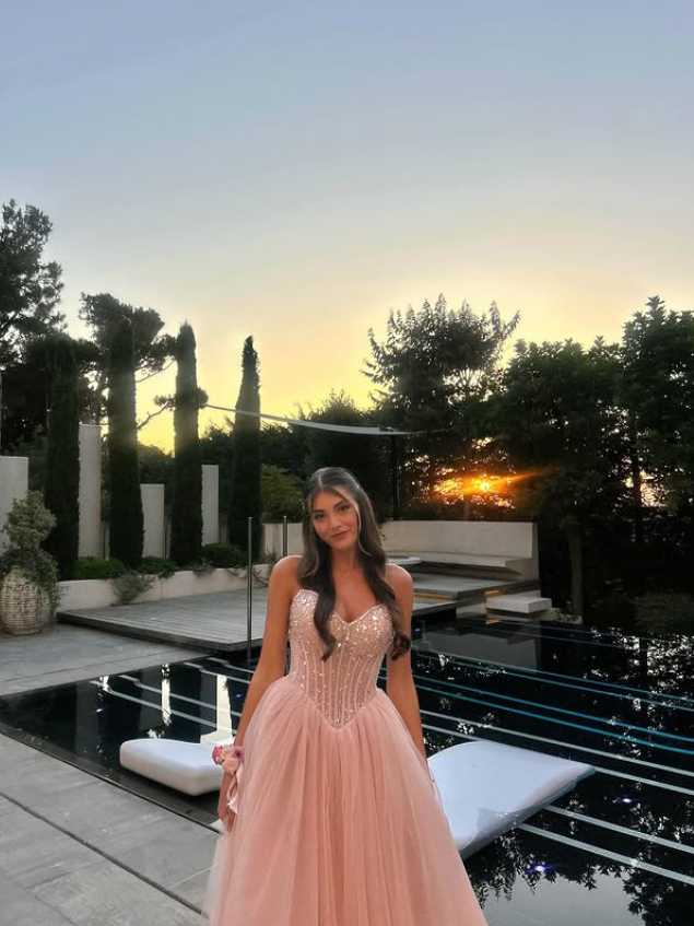 Pink A Line Sweetheart Neck Beaded Tulle Prom Dress Wedding Guest Dress DP4118