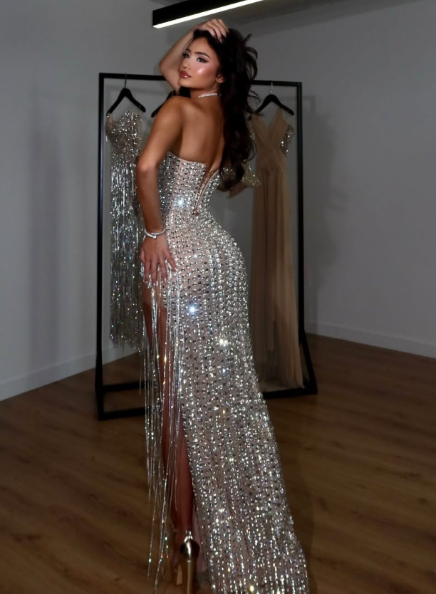 Shiny Silver Sheath Strapless Rhinestone Tassel Tulle Prom Dress with Slit DP5736