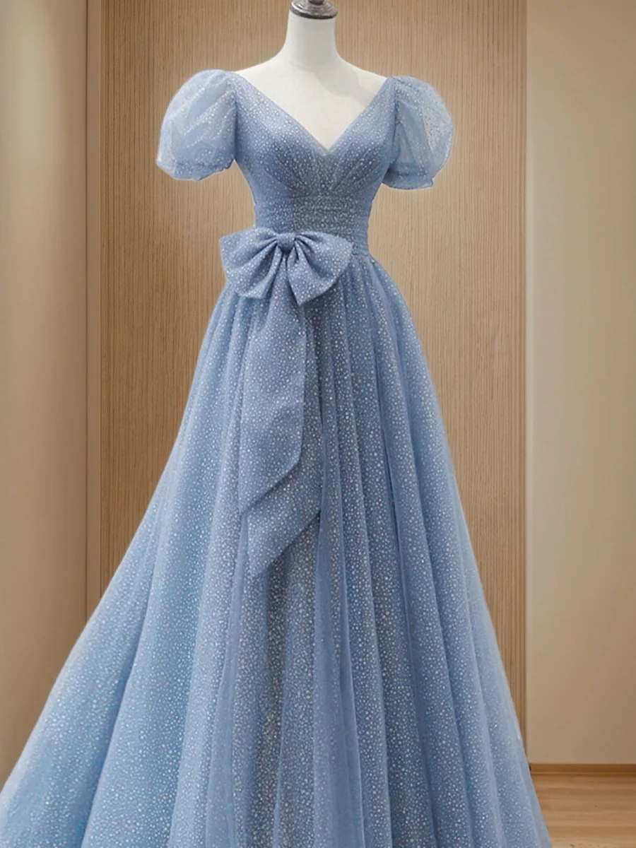 Blue Tulle Lace Appliques Long Prom Dress Formal Quinceanera Dress Ball Gown DP061