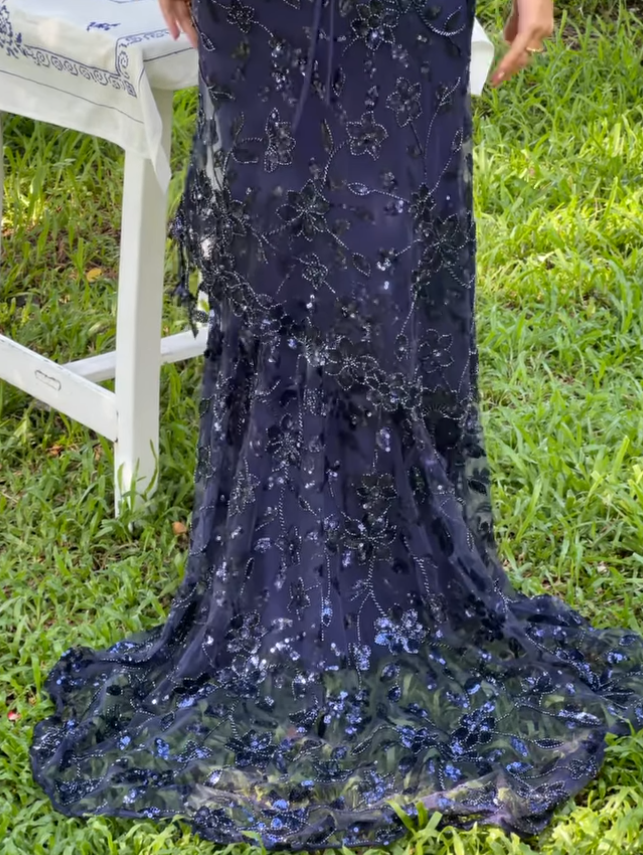 Exquisite Navy Blue Floral Beaded Sequin Tulle Long Evening Gown Prom Gown DP2918