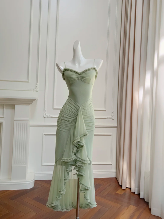 Sexy Mermaid Spaghetti Strap Green Tulle Long Party Dress Evening Dress DP2499