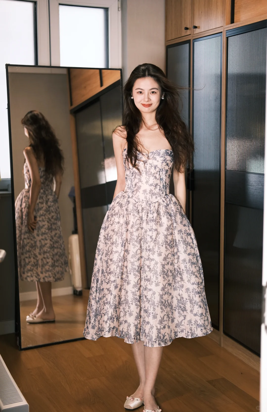 Cute Ball Gown Sweetheart Neck Print Blue Floral Satin 16th Birthday Dress Prom Dress DP3716