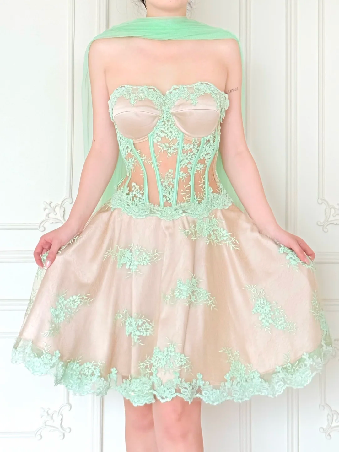 Fresh Green Lace A Line Strapless Apricot Satin Short Prom Dress Homecoming Dress DP6451