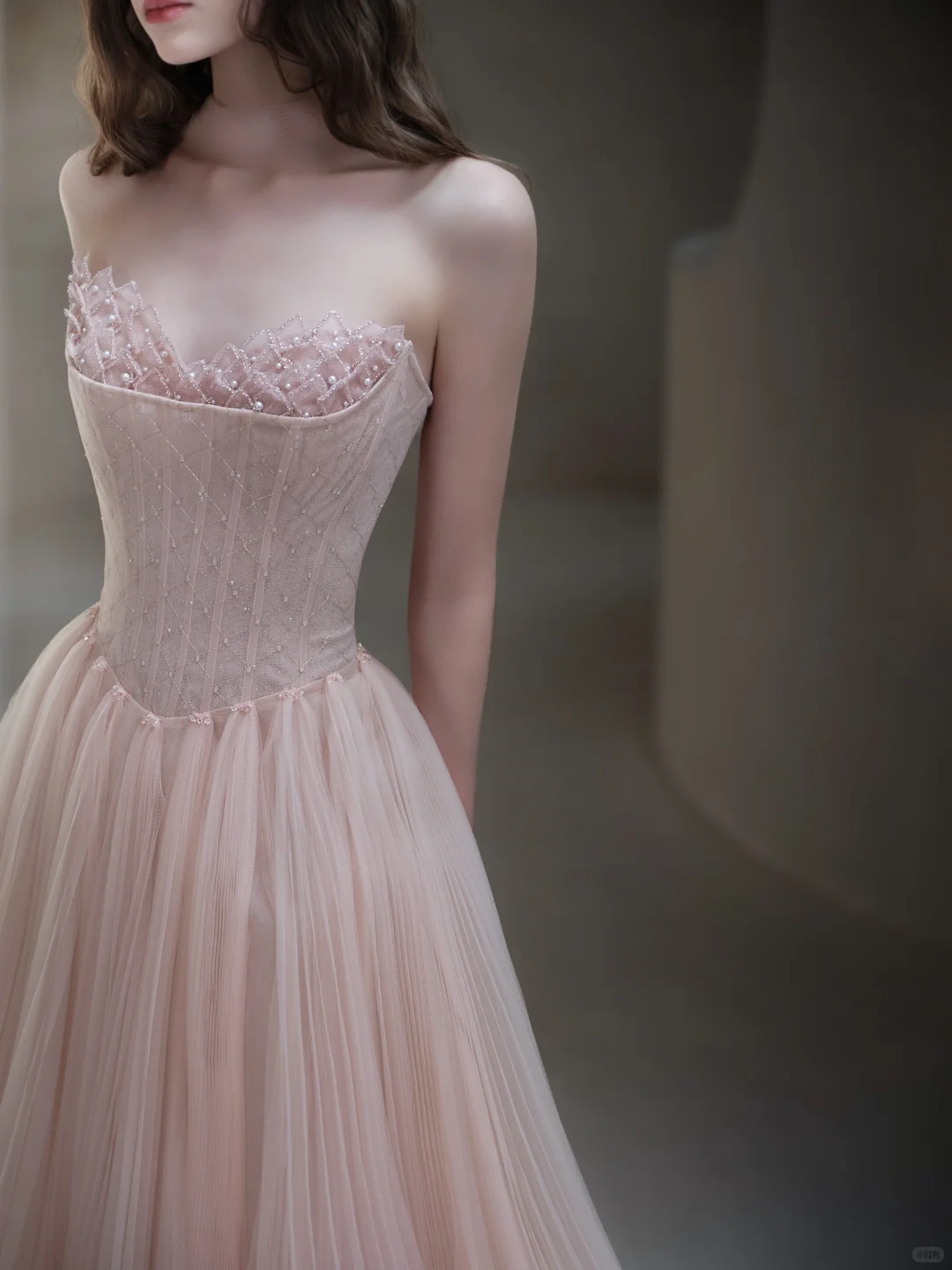 Light Pink A Line Strapless Beaded Tulle Long Date Dress Prom Dress Evening Dress DP3432