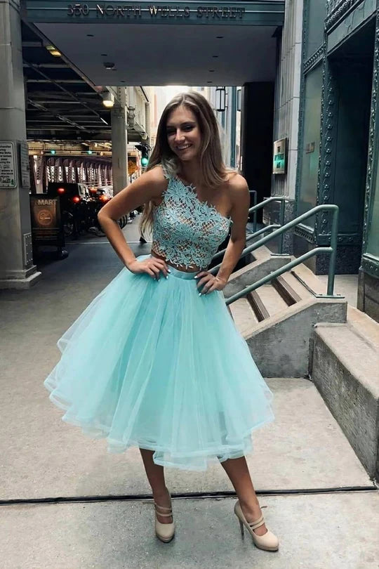 Two-piece A Line One Shoulder Blue Lace Organza Homecoming Dress DP7226