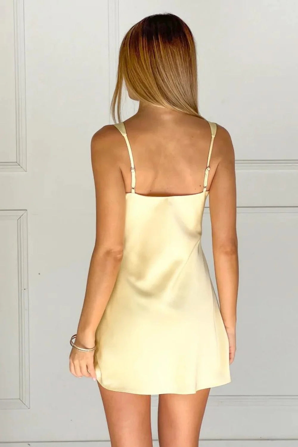 Chic A Line Spaghetti Straps Light Yellow Short Homecoming Dress with Ruched DP7277