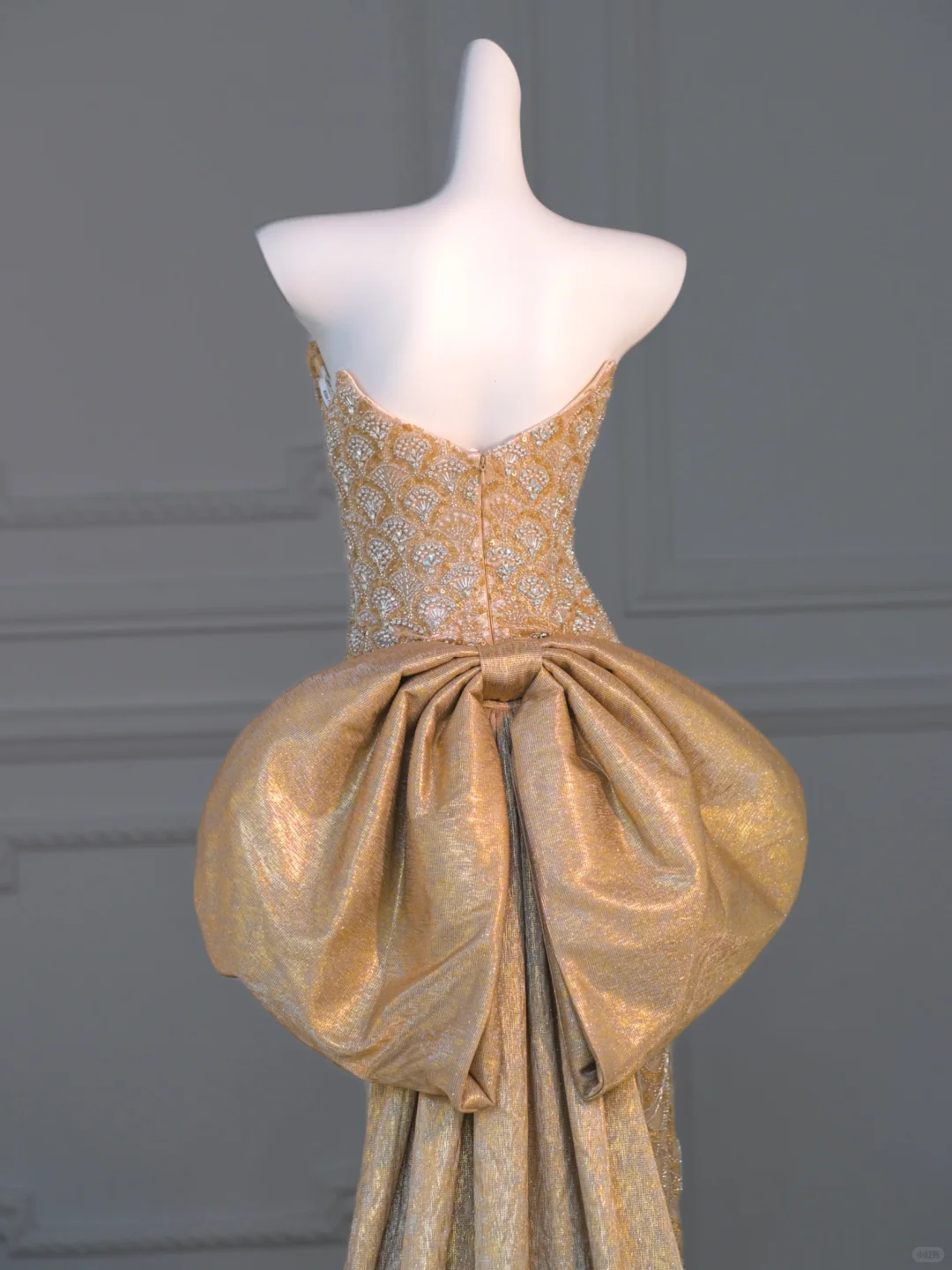 Golden Sheath Strapless Beaded Satin Long Party Dress Evening Dress with Slit DP2594